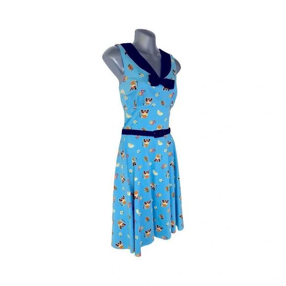 Voodoo Vixen Rockabilly 50s Swing Dress Blue Cat Print Retro Pinup Flair Size S - Picture 4 of 13